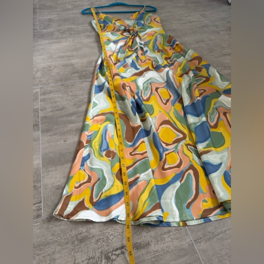 FLORET STUDIOS Printed Tie Front Satin Maxi Dress in Yellow Multi Swirl Size S - Picture 14 of 15